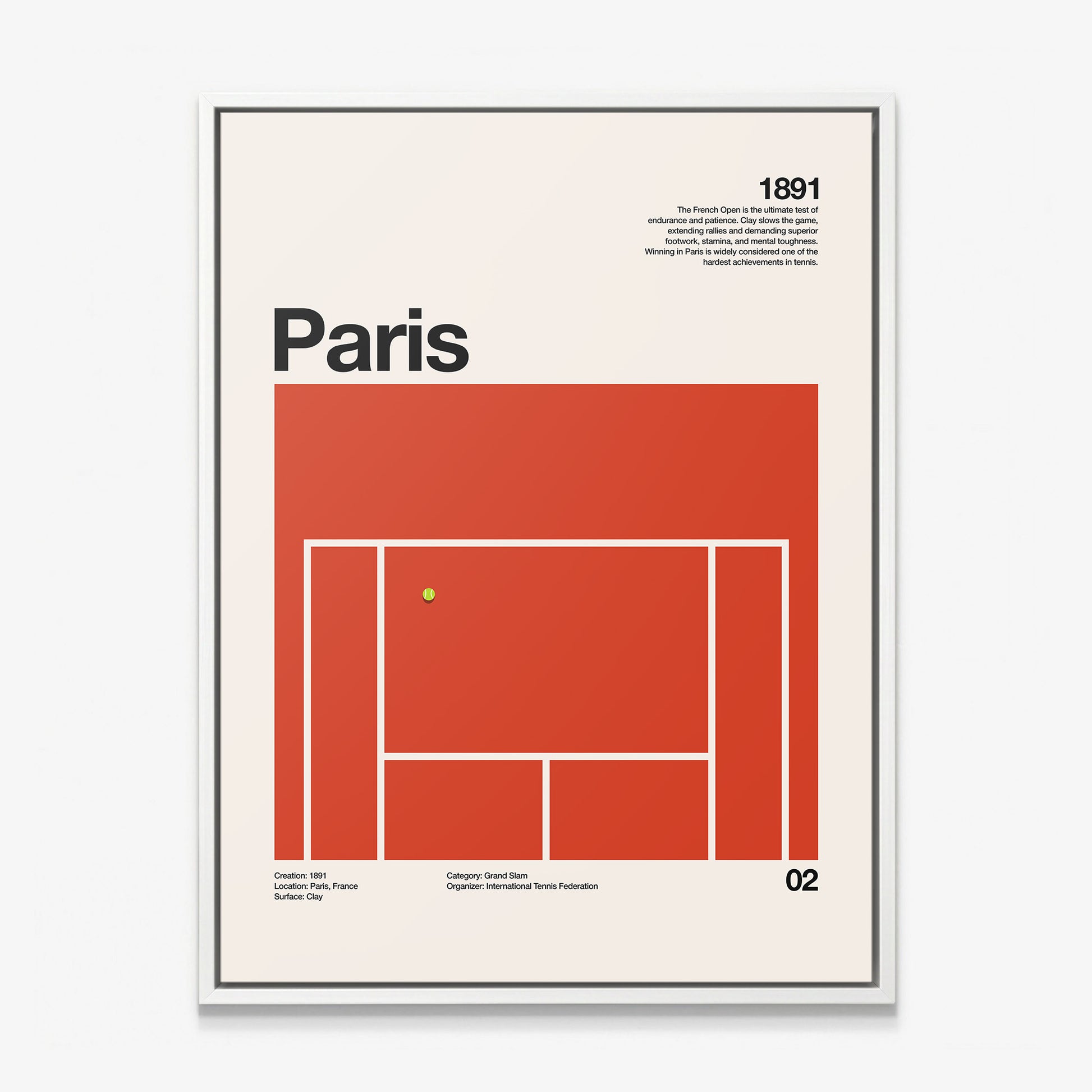 The Paris Slam tennis canvas in a white floating frame