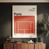 The Paris Slam tennis wall art canvas on a dark wall above a walnut console