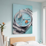 Time For A Swim watch canvas above a wood headboard in a pale blue bedroom