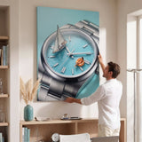 Time For A Swim watch canvas being hung by a man above a wood credenza