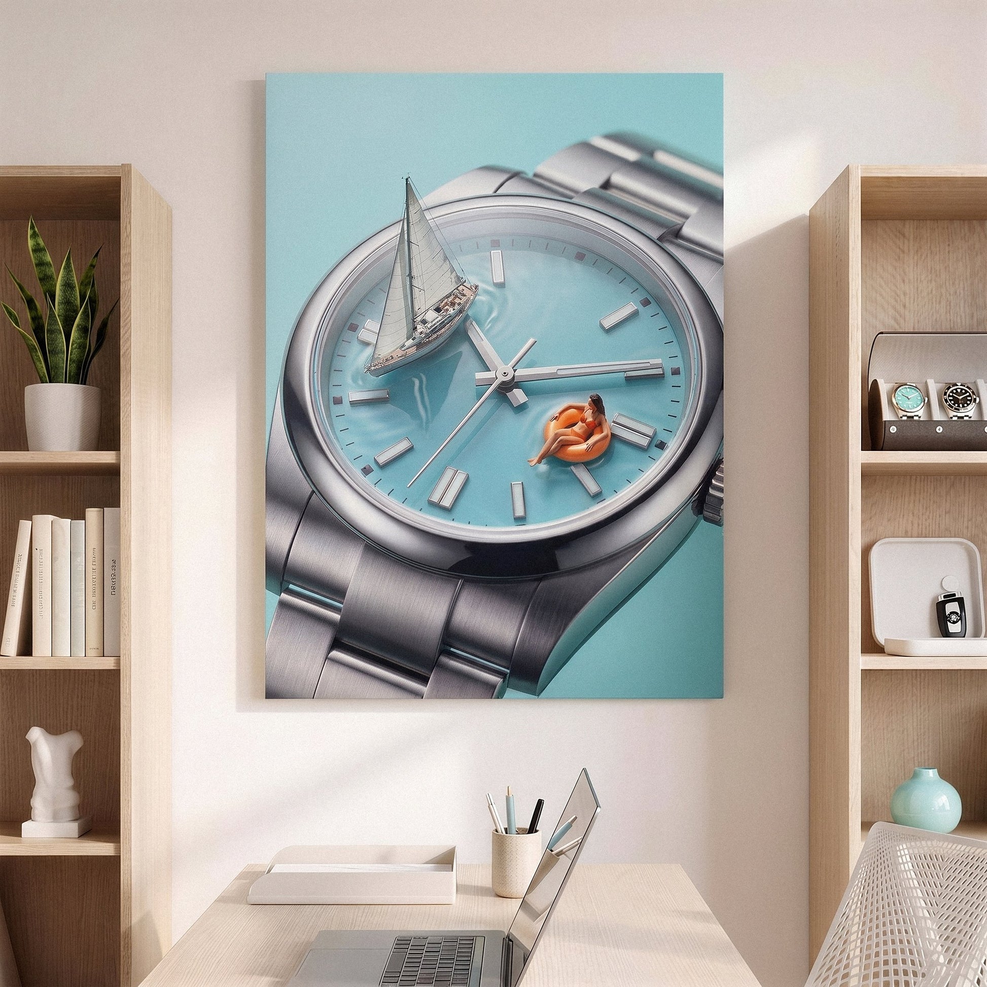 Time For A Swim watch wall art canvas above a desk in a light wood study