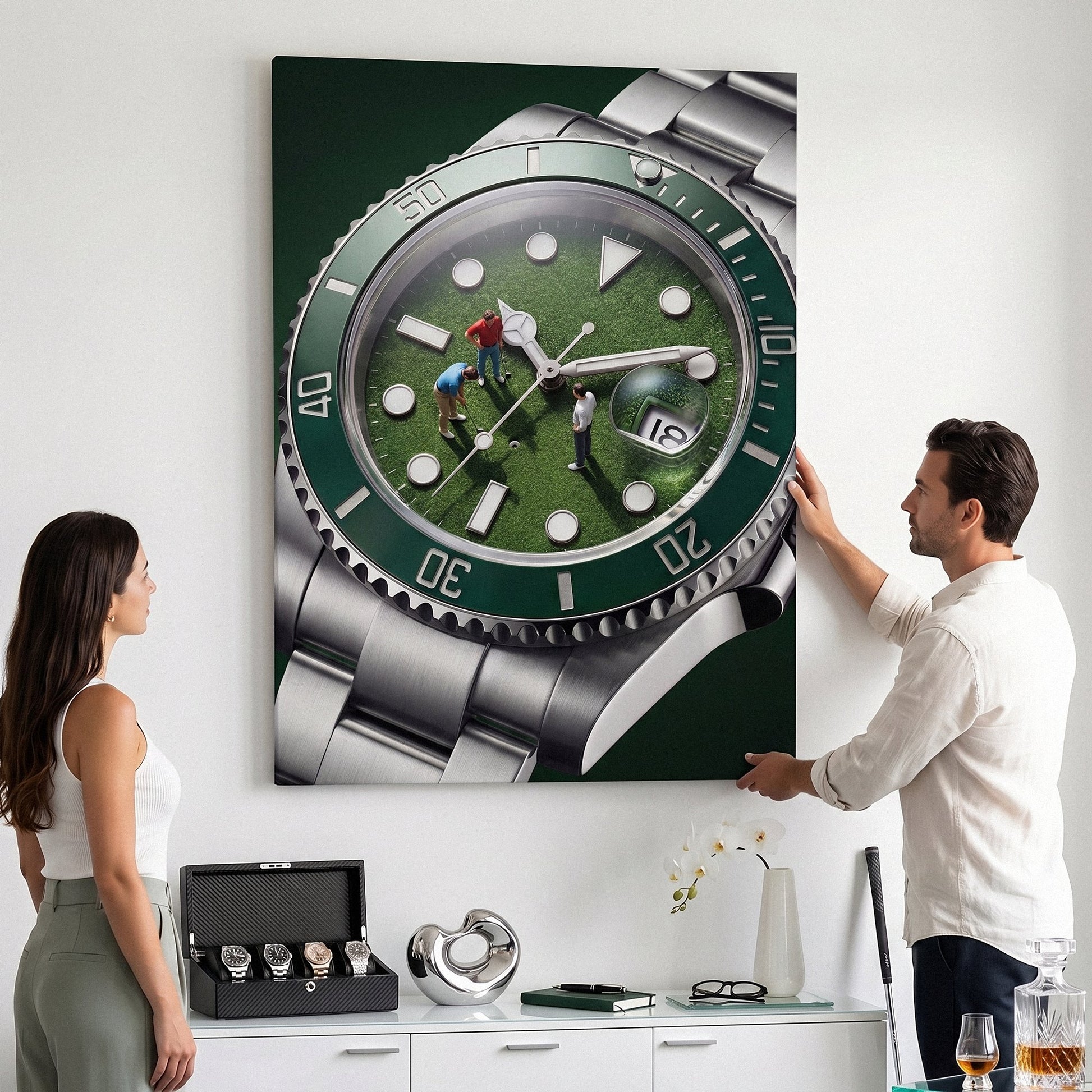 Time For Golf watch canvas held by a couple above a sideboard with a watch box