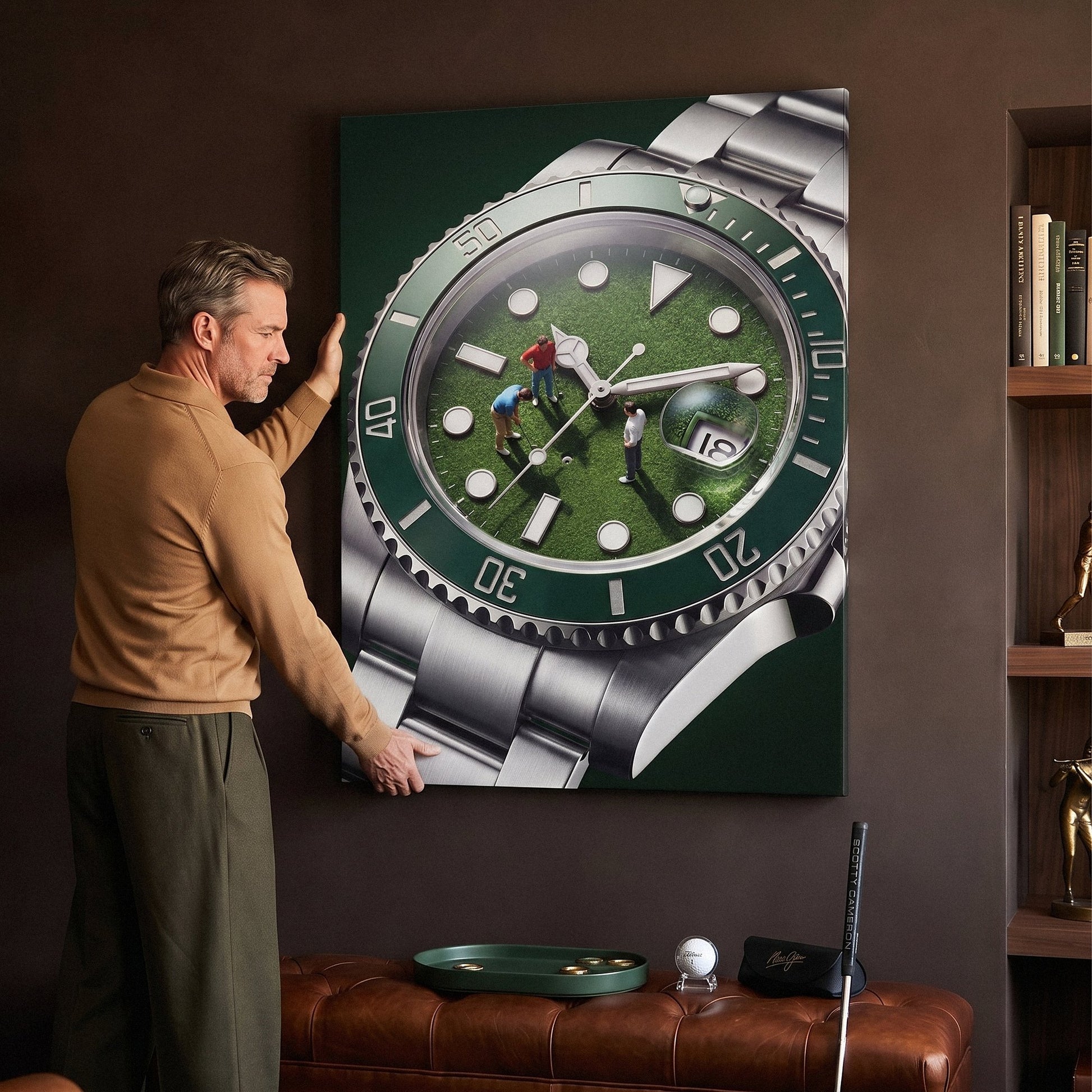 Time For Golf watch canvas leaned against a wall by a man in a leather den