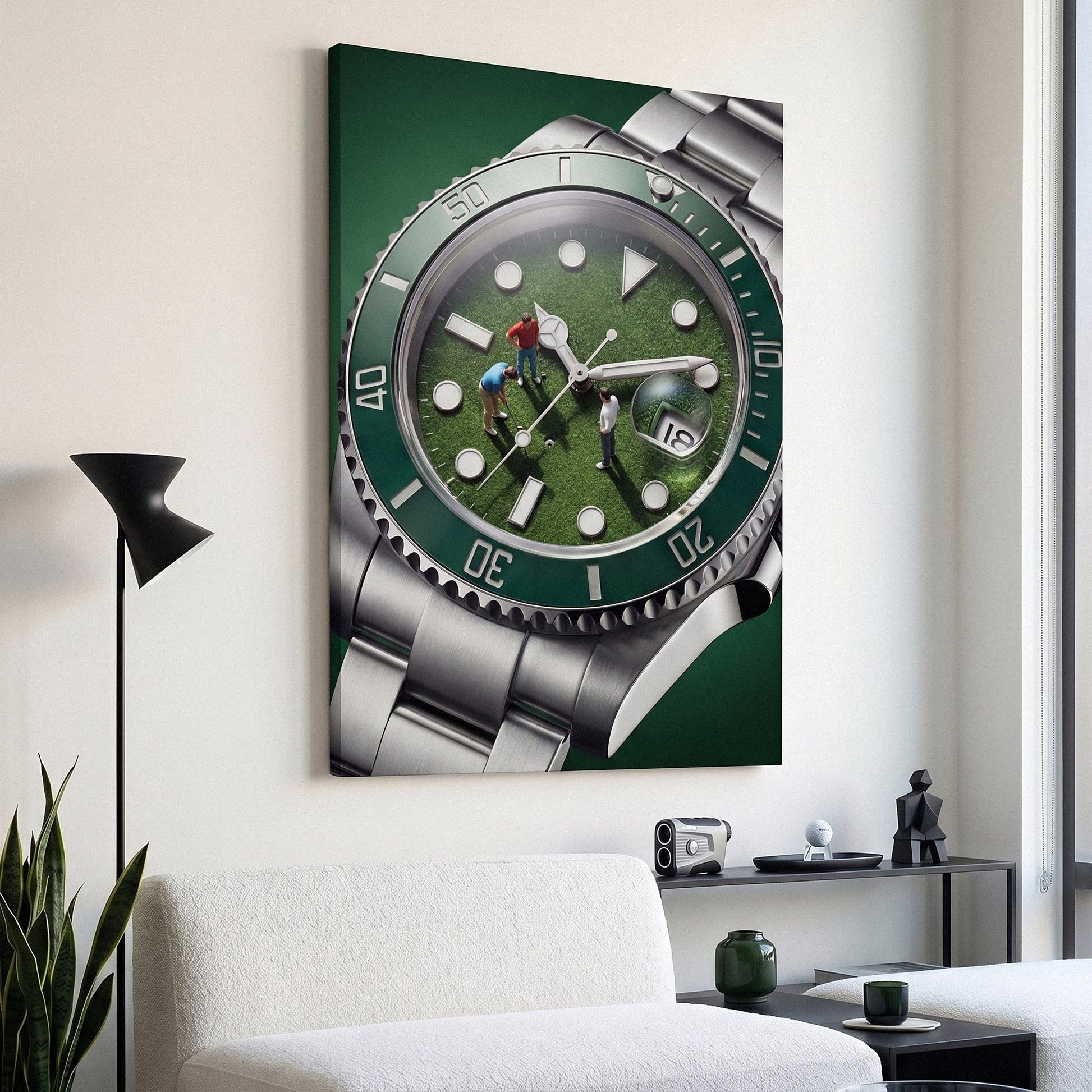 Time For Golf watch canvas in a bright white lounge above a boucle sofa