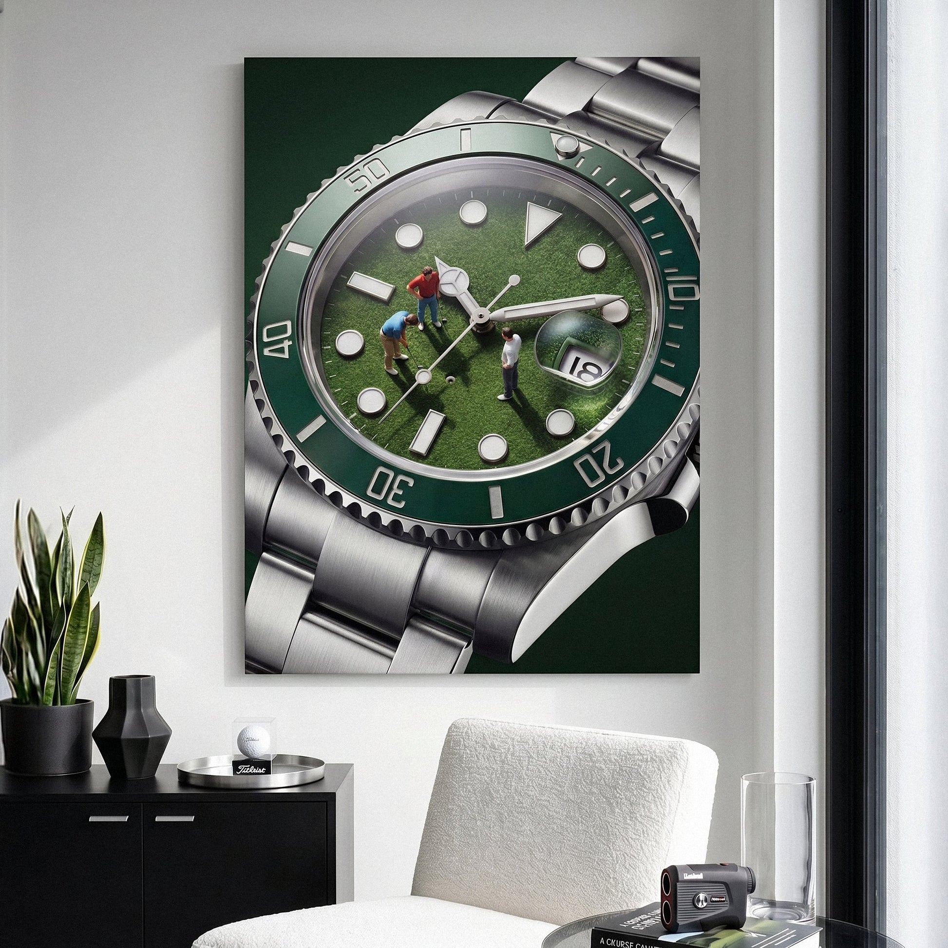 Time For Golf watch wall art canvas above a black sideboard with golf accessories