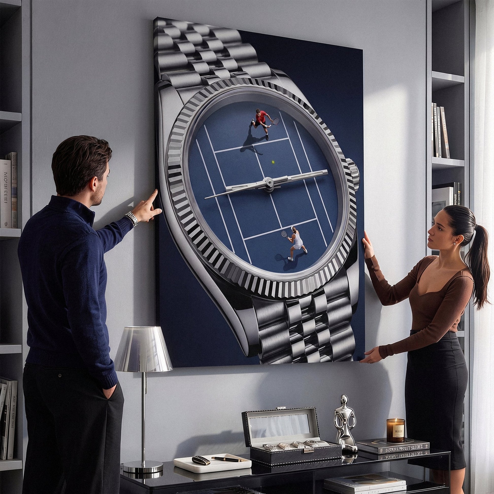 Time For Tennis watch canvas held by a couple in a modern living room