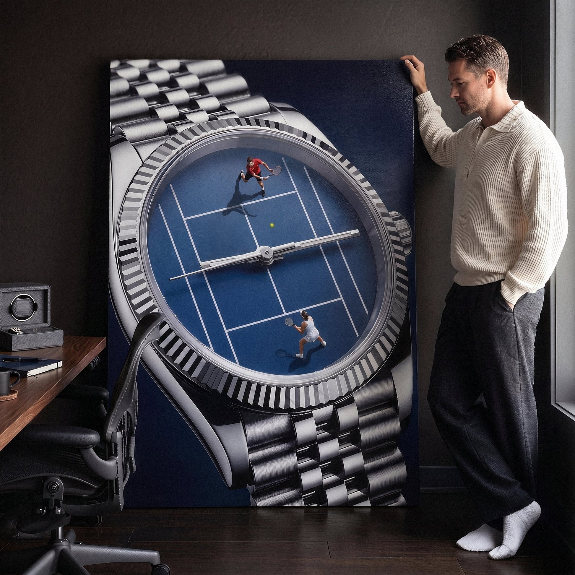 Time For Tennis watch canvas leaned against the wall by a man in a home office