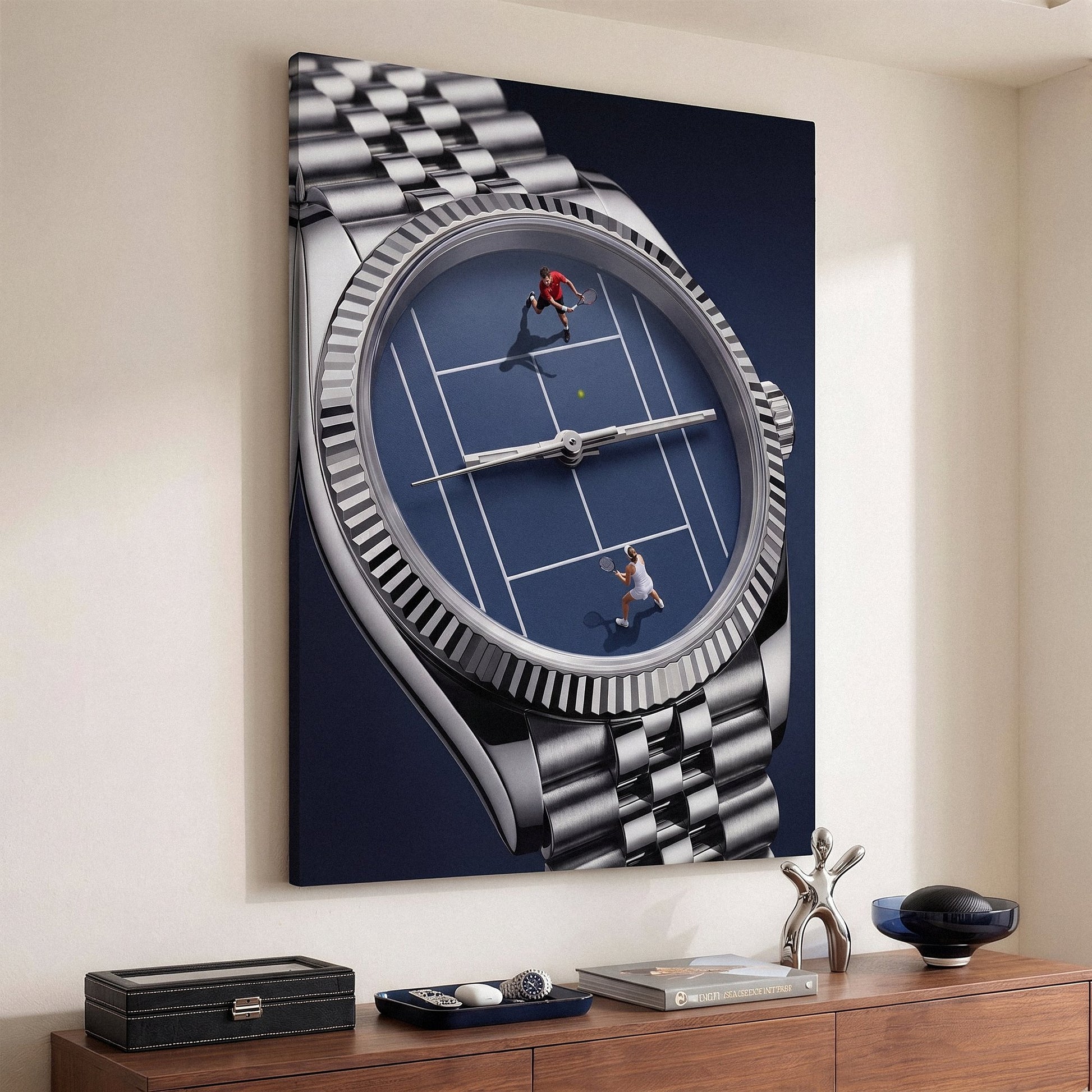 Time For Tennis watch canvas above a walnut sideboard in a warm study