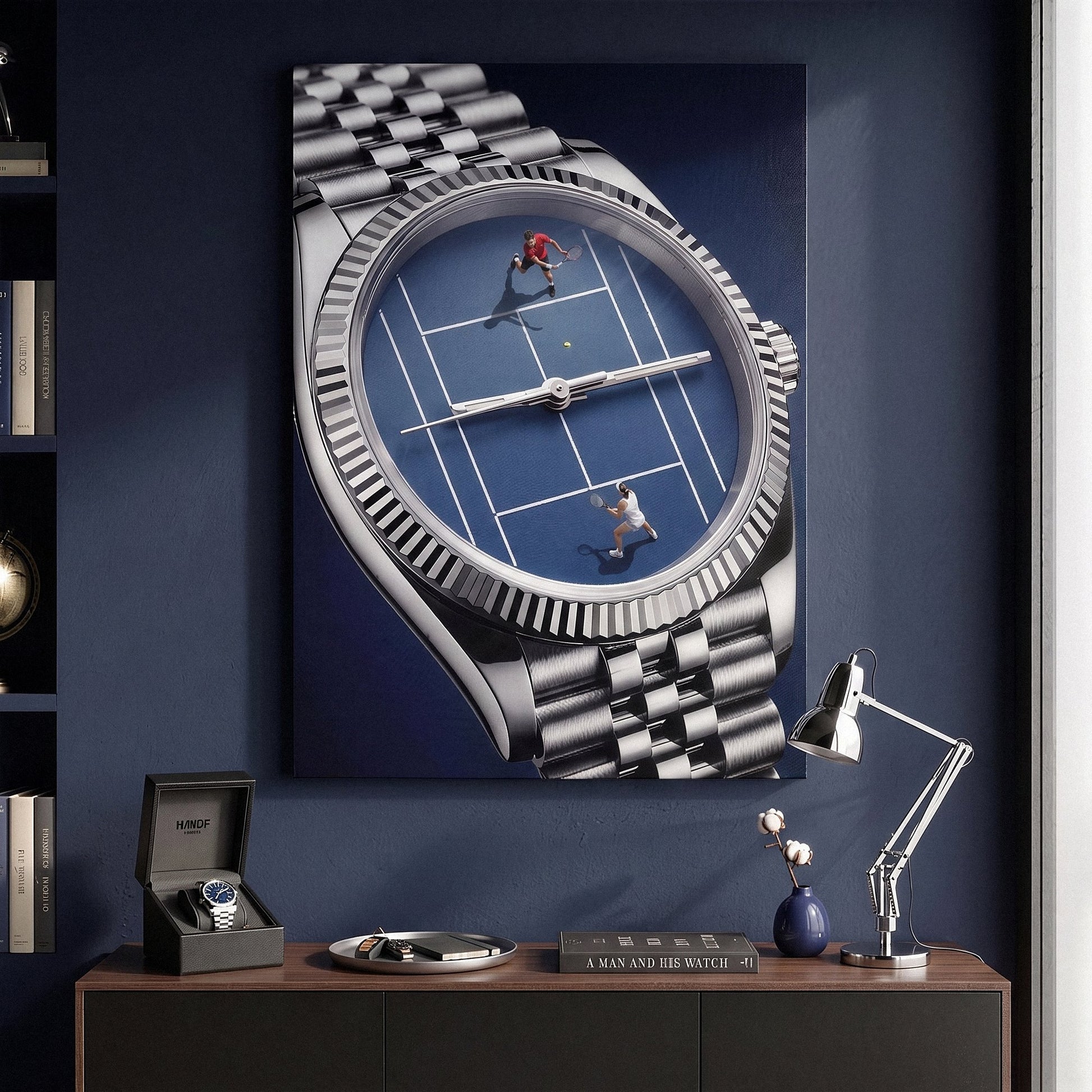 Time For Tennis watch wall art canvas in a navy study above a console