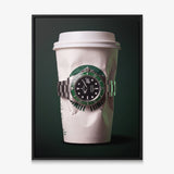 Time To Go crumpled white coffee cup with a green bezel dive watch canvas wall art in a black floating frame