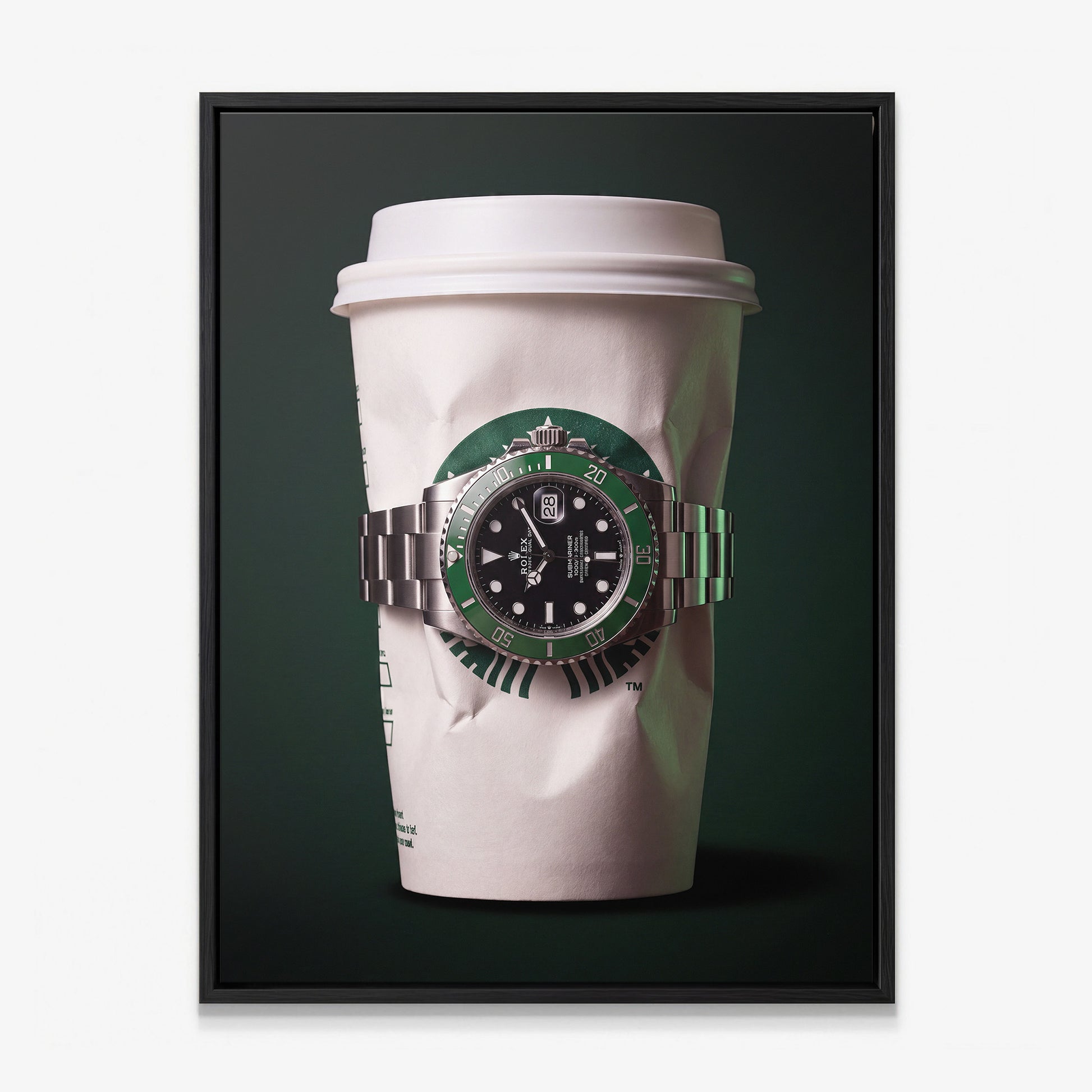 Time To Go crumpled white coffee cup with a green bezel dive watch canvas wall art in a black floating frame