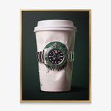 Time To Go crumpled white coffee cup with a green bezel dive watch canvas wall art in a gold floating frame