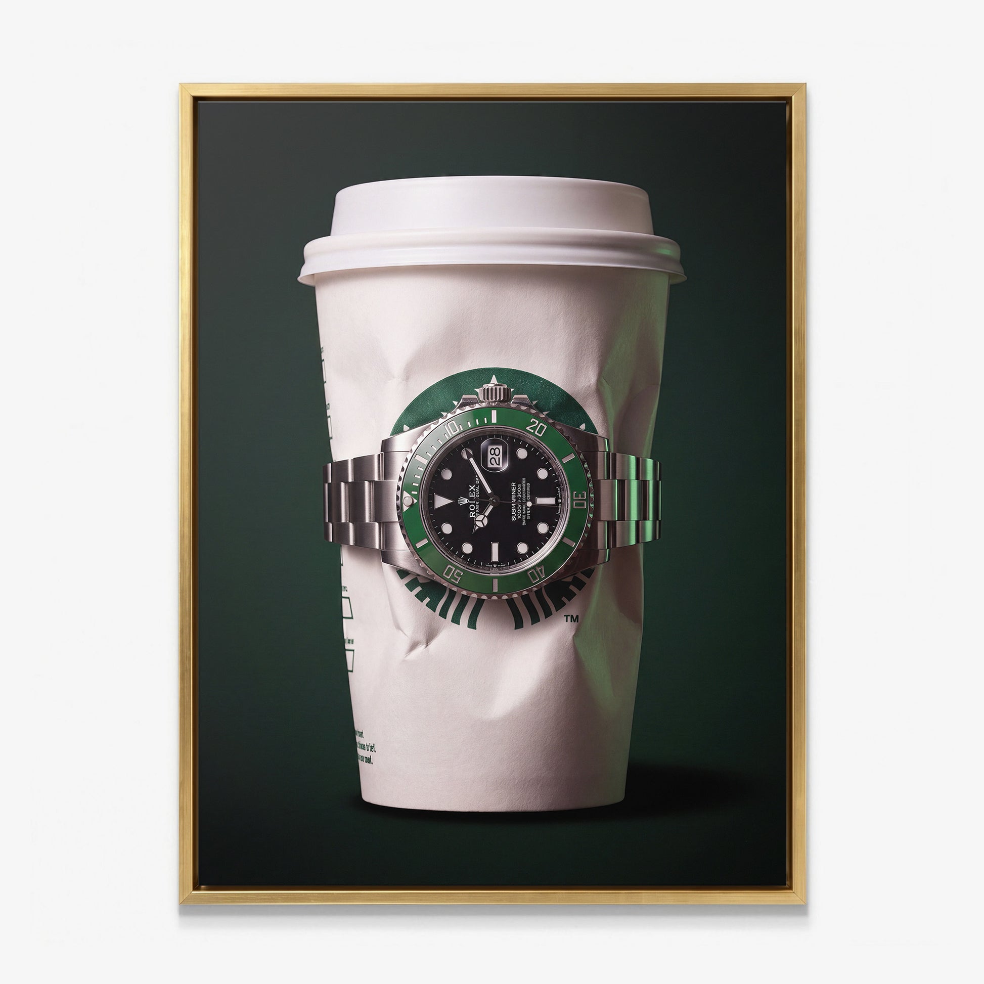Time To Go crumpled white coffee cup with a green bezel dive watch canvas wall art in a gold floating frame