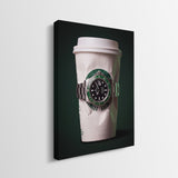Time To Go crumpled white coffee cup with a green bezel dive watch canvas wall art side profile showing the gallery wrapped edge