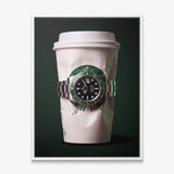 Time To Go crumpled white coffee cup with a green bezel dive watch canvas wall art in a white floating frame
