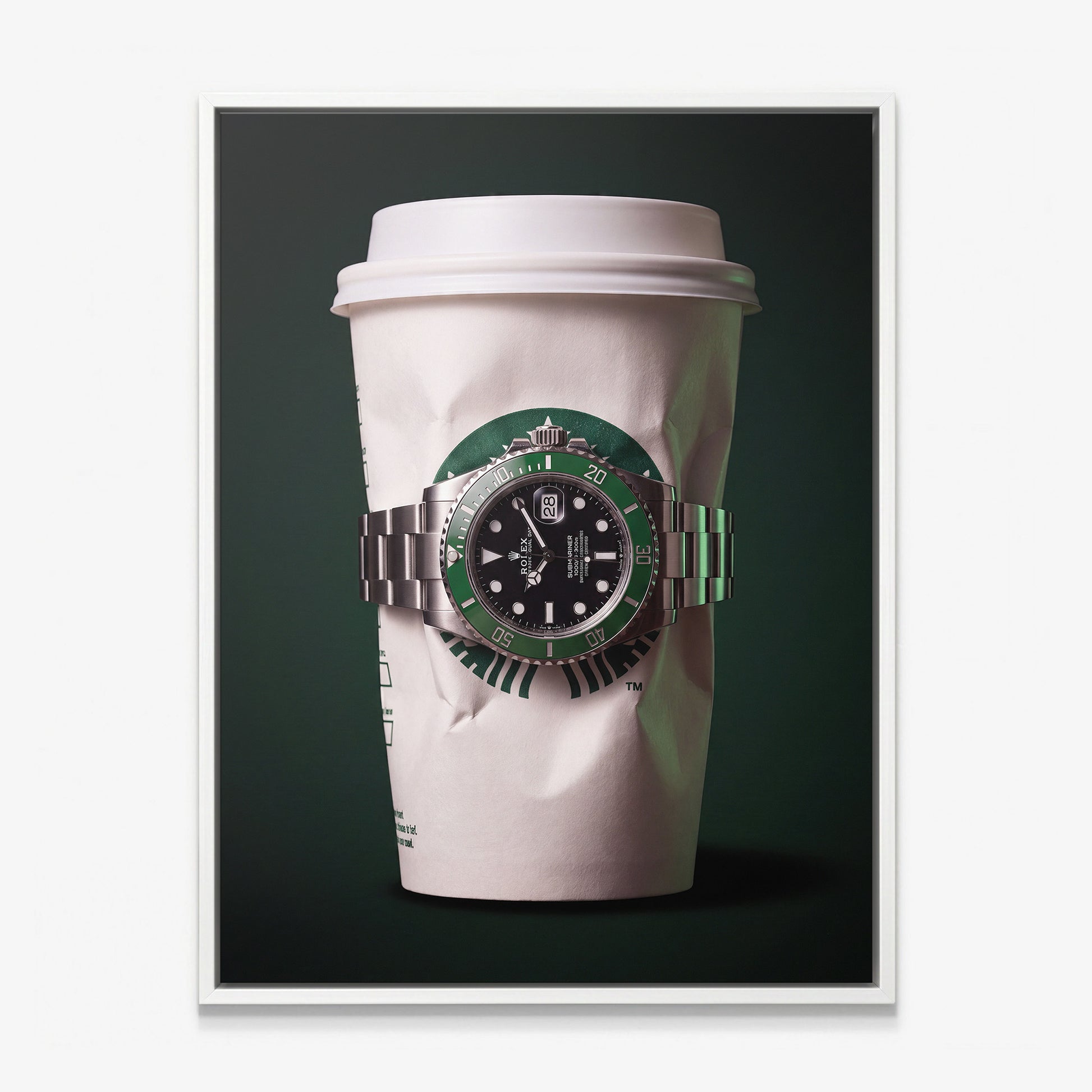 Time To Go crumpled white coffee cup with a green bezel dive watch canvas wall art in a white floating frame