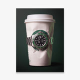 Time To Go crumpled white coffee cup with a green bezel dive watch canvas wall art