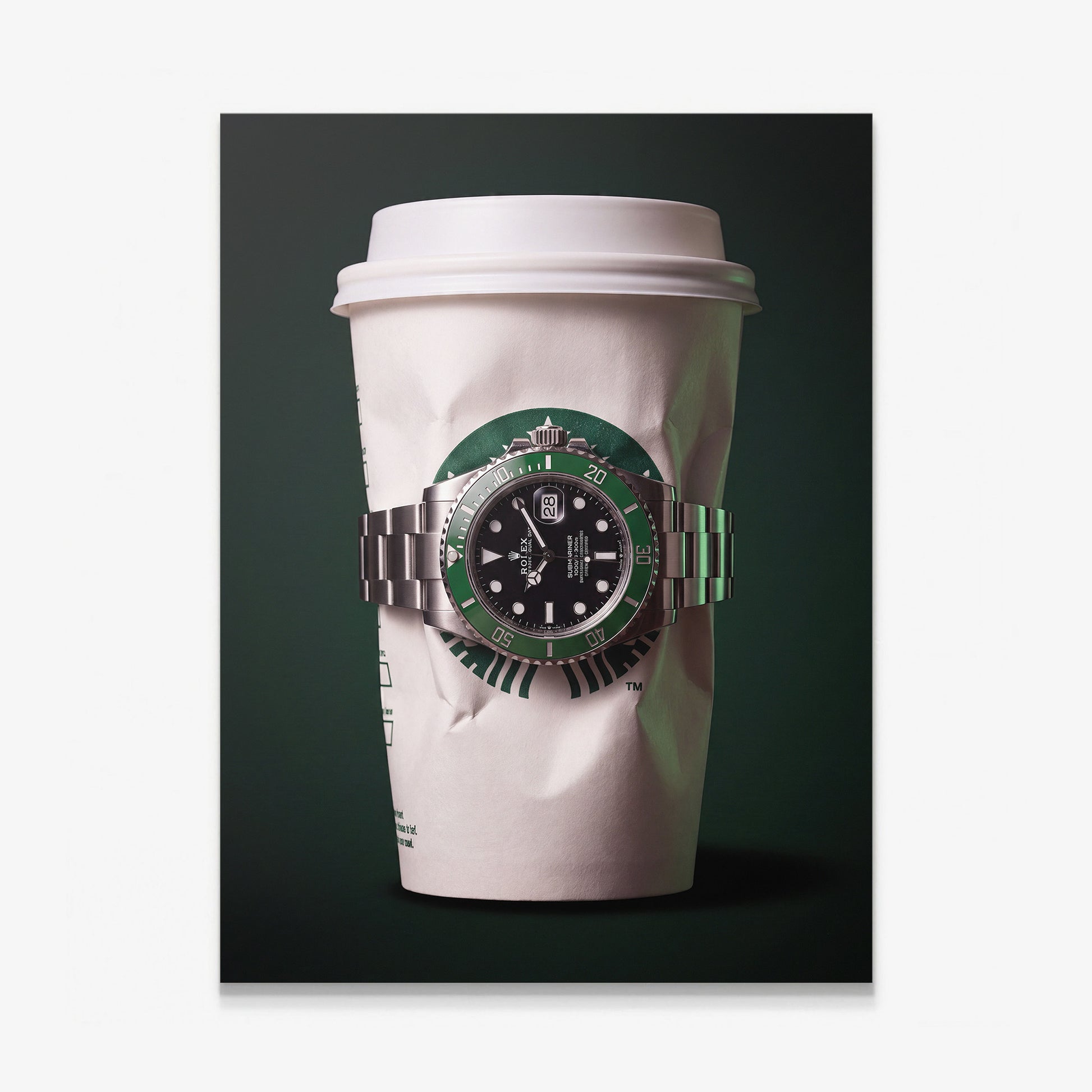 Time To Go crumpled white coffee cup with a green bezel dive watch canvas wall art