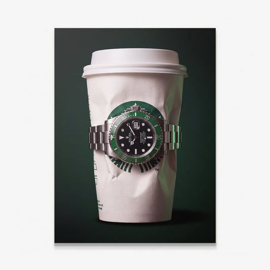 Time To Go crumpled white coffee cup with a green bezel dive watch canvas wall art