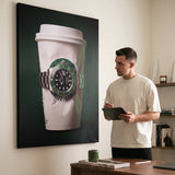Time To Go crumpled white coffee cup with a green bezel dive watch canvas wall art in a home interior with a person viewing it