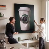 Time To Go crumpled white coffee cup with a green bezel dive watch canvas wall art on a wall with two people beside it
