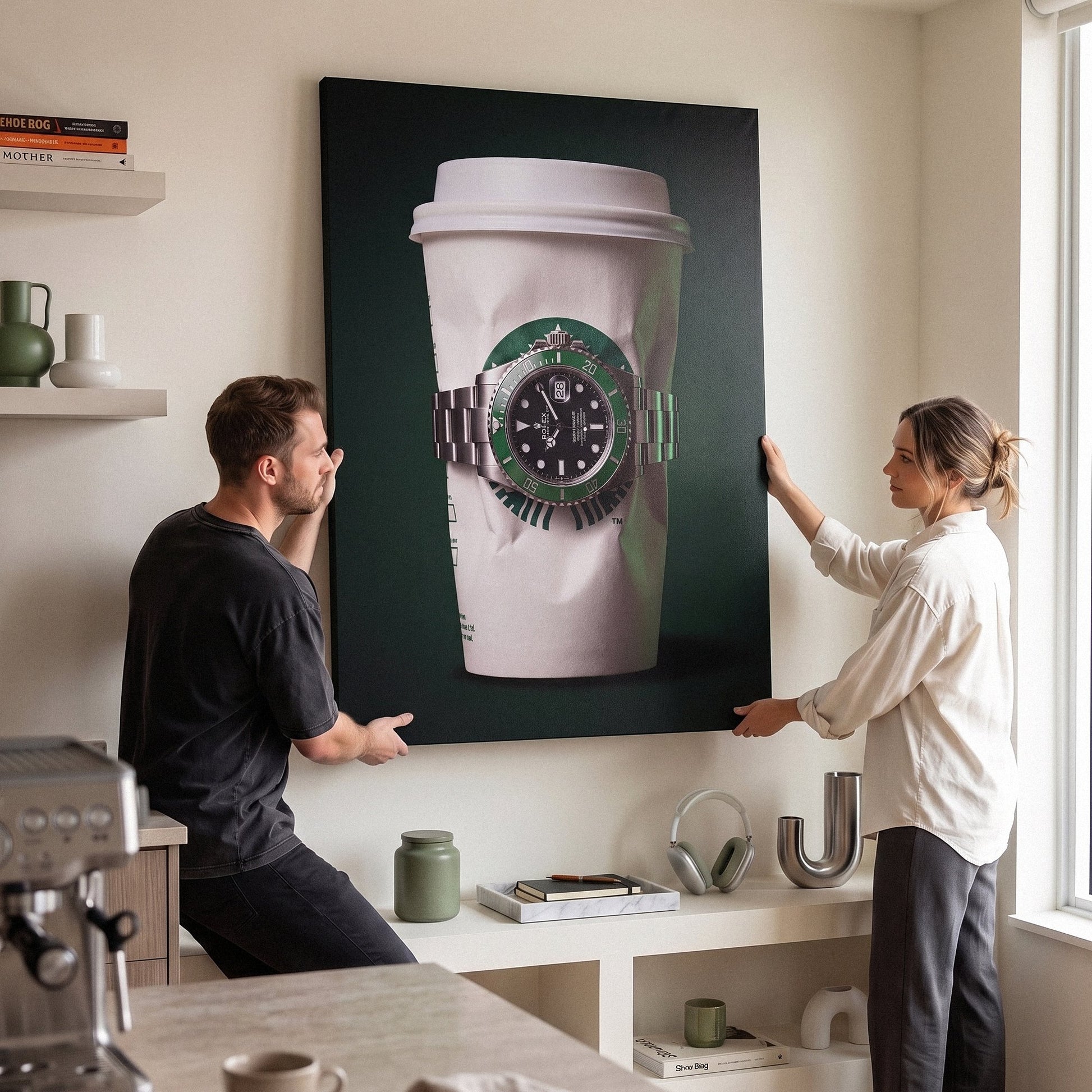 Time To Go crumpled white coffee cup with a green bezel dive watch canvas wall art on a wall with two people beside it
