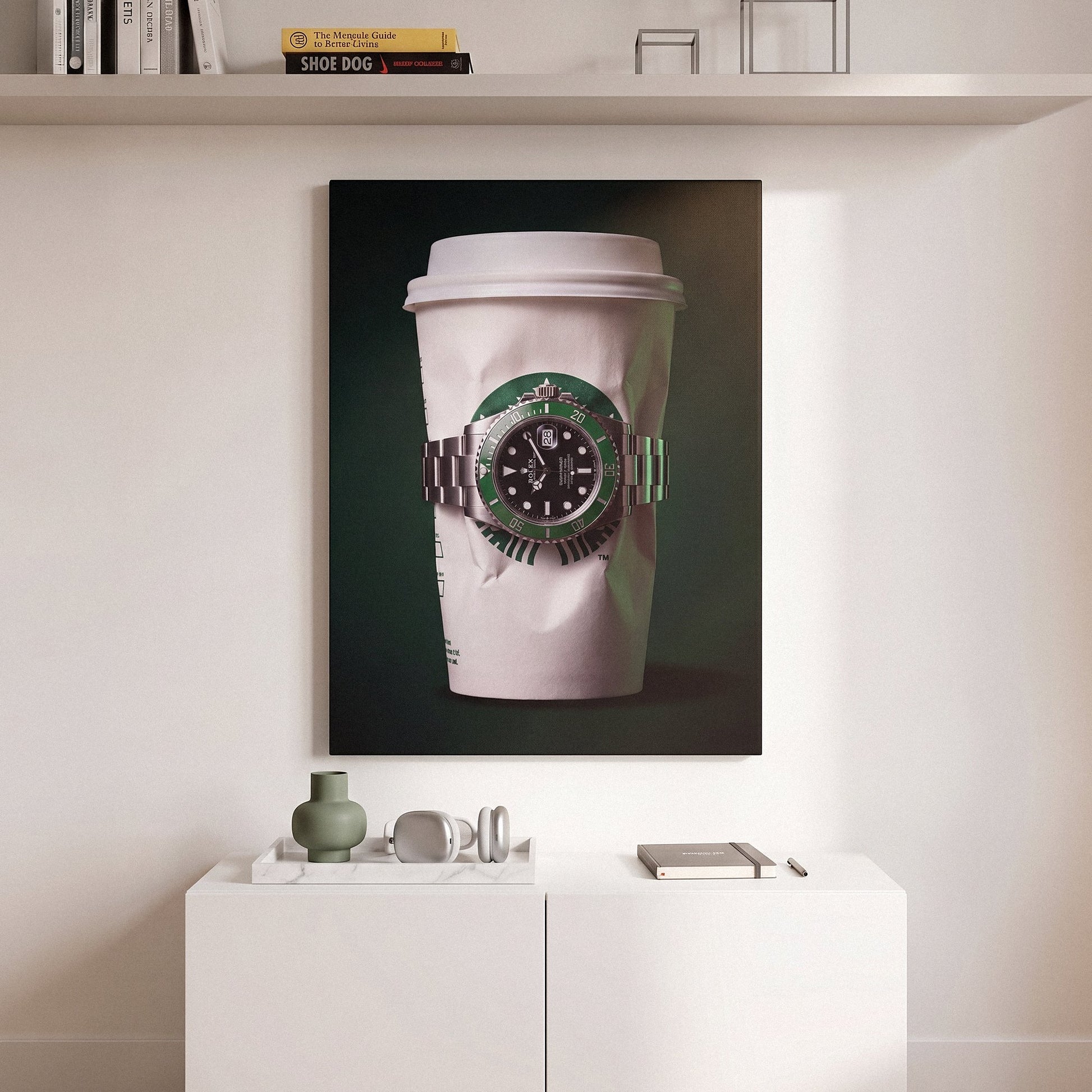 Time To Go crumpled white coffee cup with a green bezel dive watch canvas wall art hanging in a styled home interior