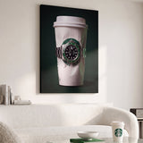 Time To Go crumpled white coffee cup with a green bezel dive watch canvas wall art seen from the side on a styled wall