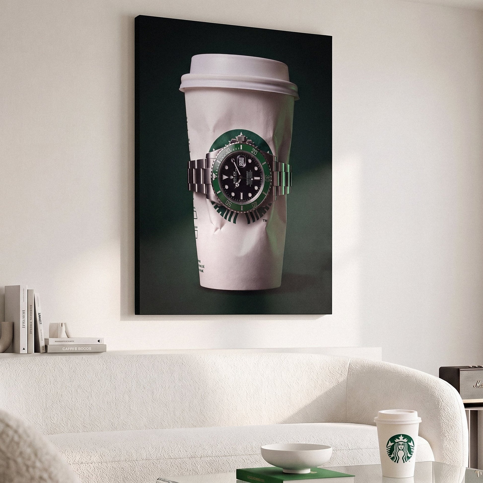 Time To Go crumpled white coffee cup with a green bezel dive watch canvas wall art seen from the side on a styled wall