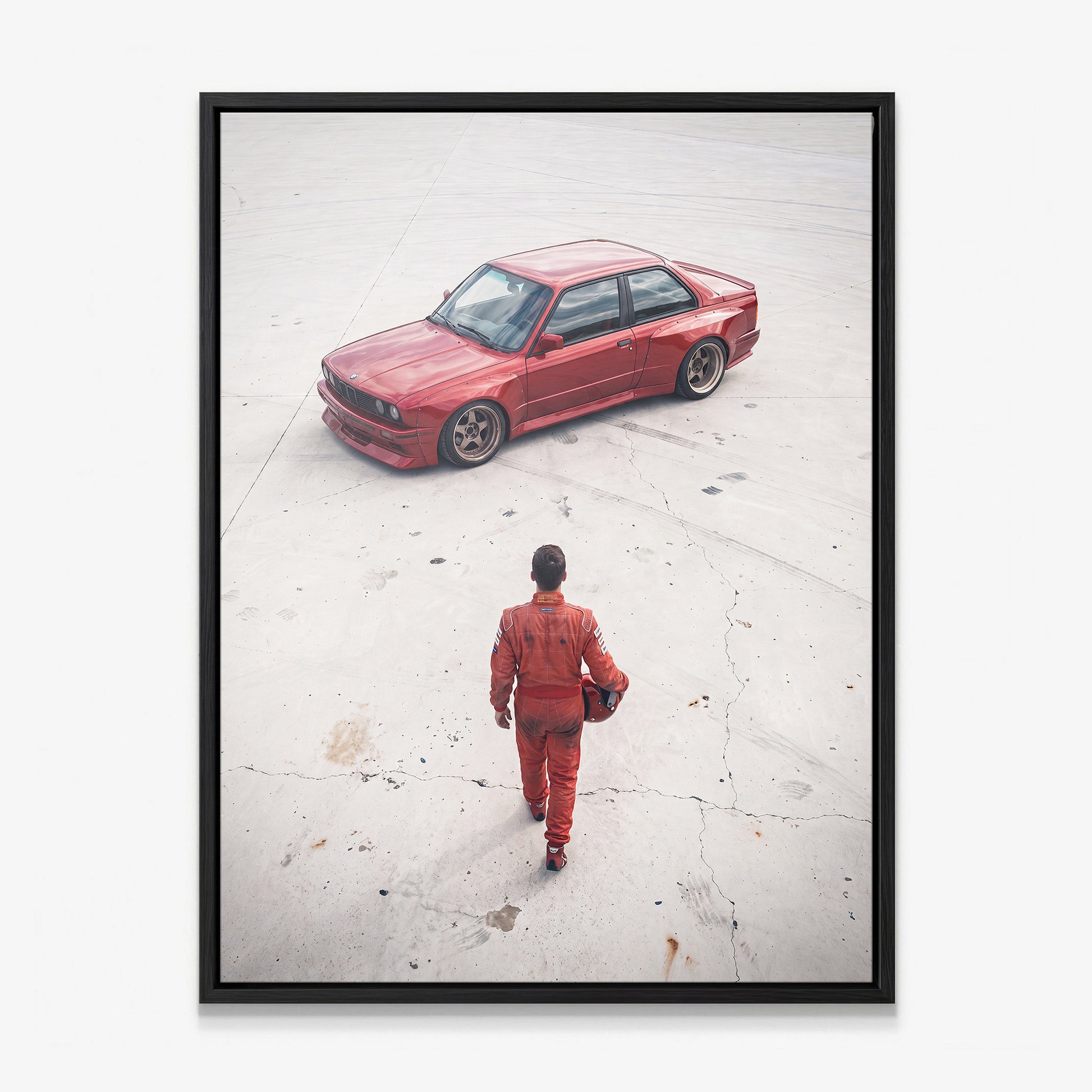 Tokyo Slide German coupe drifting on a neon city street canvas wall art in a black floating frame
