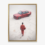 Tokyo Slide German coupe drifting on a neon city street canvas wall art in a gold floating frame