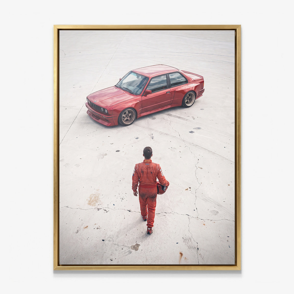 Tokyo Slide German coupe drifting on a neon city street canvas wall art in a gold floating frame