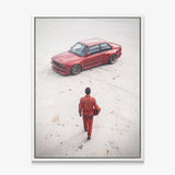 Tokyo Slide German coupe drifting on a neon city street canvas wall art in a white floating frame