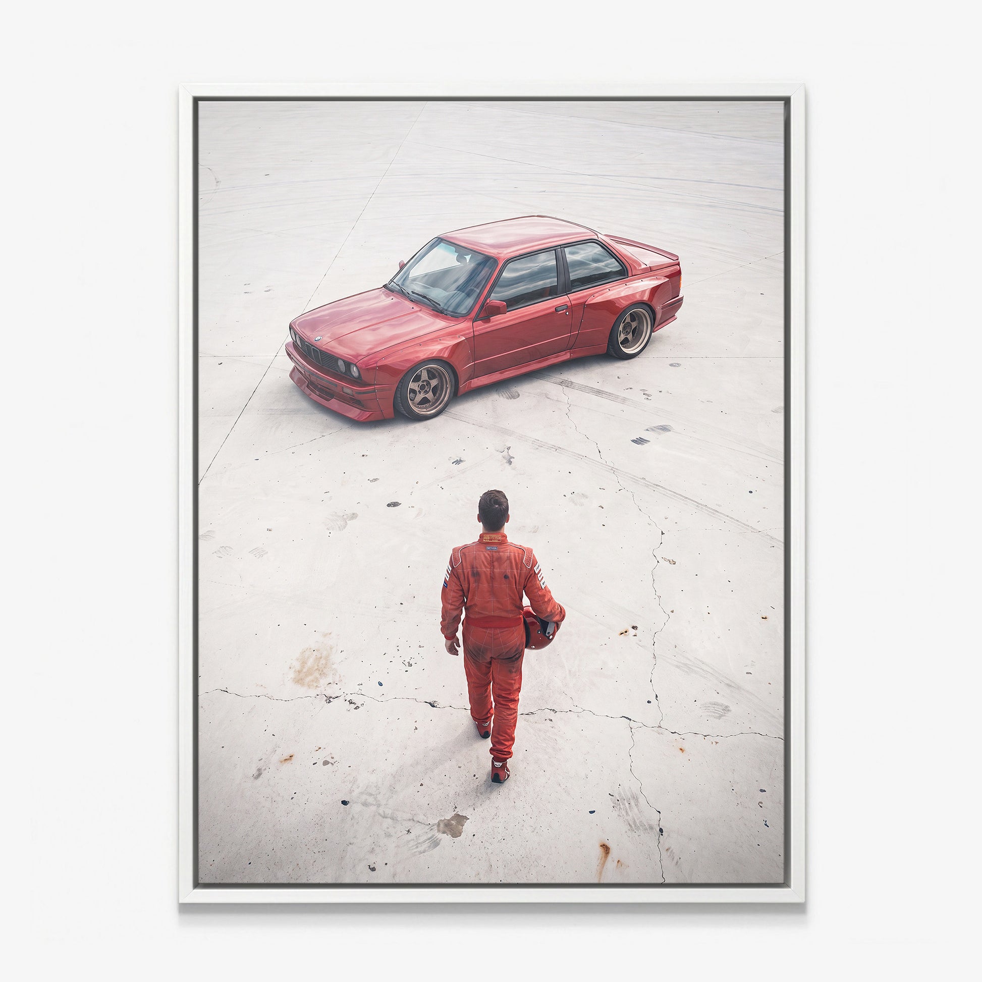Tokyo Slide German coupe drifting on a neon city street canvas wall art in a white floating frame