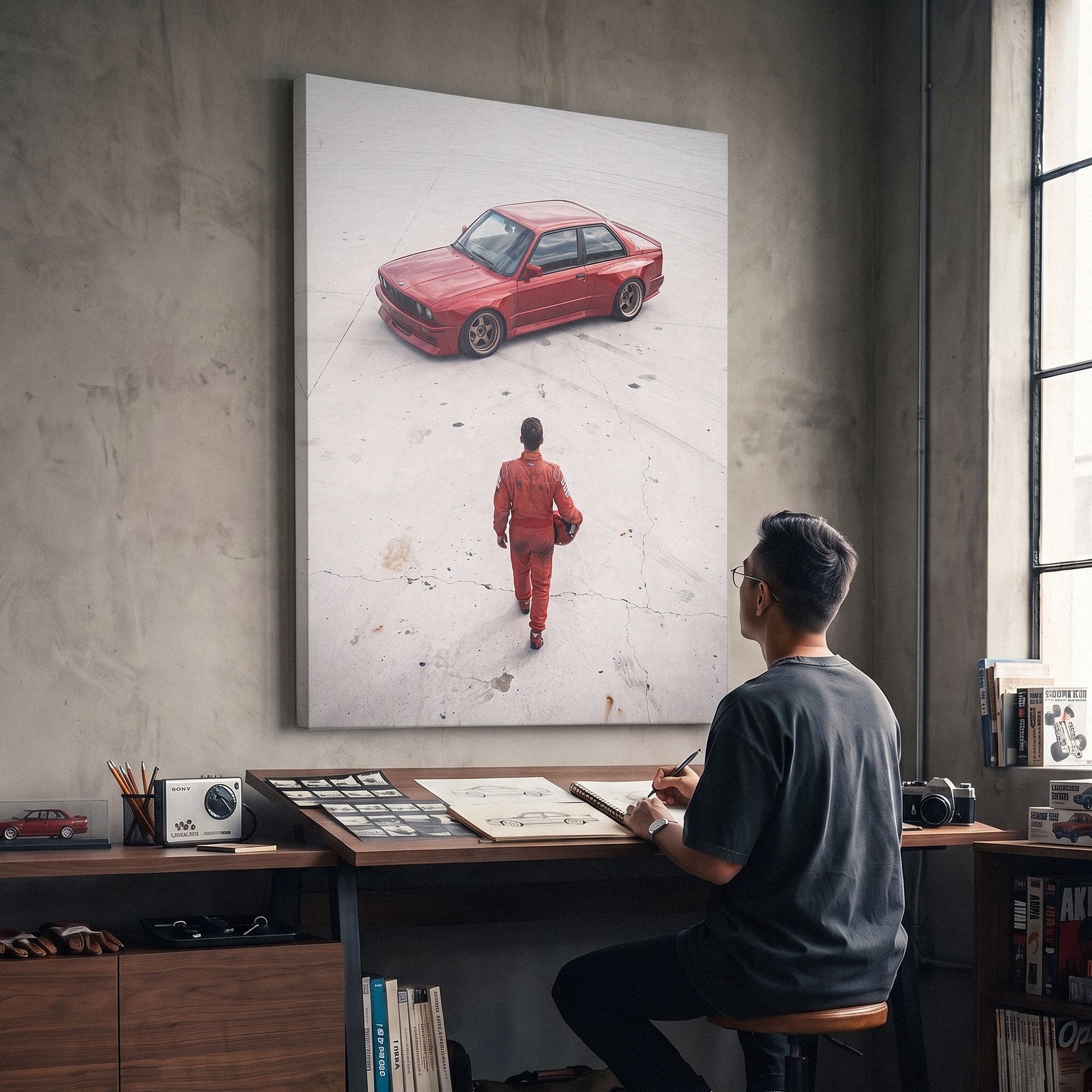Tokyo Slide German coupe drifting on a neon city street canvas wall art in a styled study