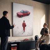 Tokyo Slide German coupe drifting on a neon city street canvas wall art in a living room lounge