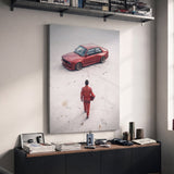 Tokyo Slide German coupe drifting on a neon city street canvas wall art in a dark enthusiast den