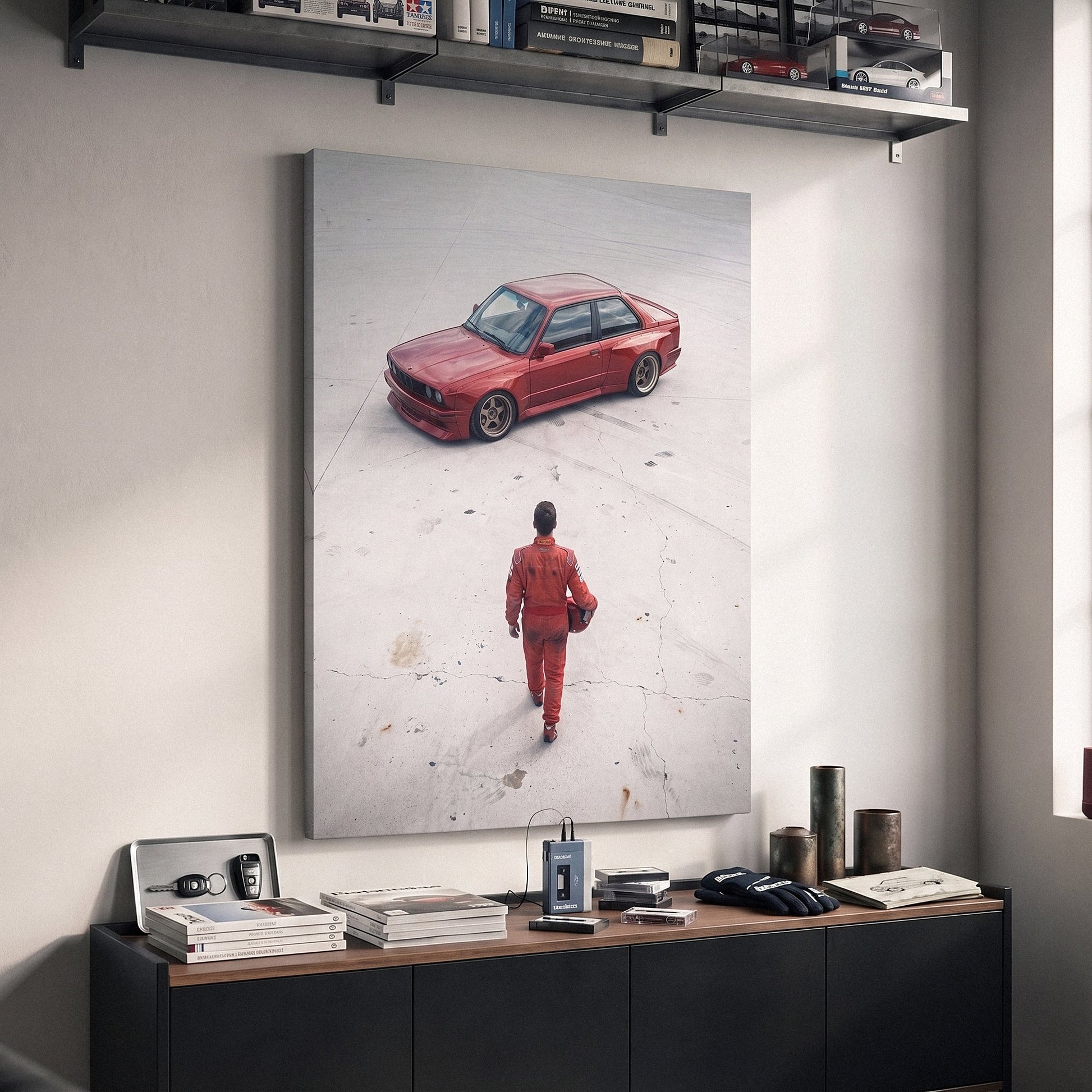 Tokyo Slide German coupe drifting on a neon city street canvas wall art in a dark enthusiast den