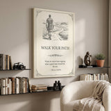 Walk Your Path quote canvas beside black floating shelves in a living room