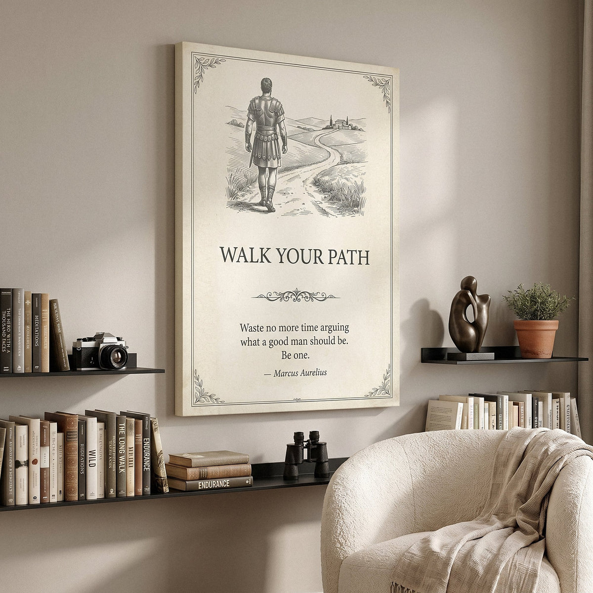 Walk Your Path quote canvas beside black floating shelves in a living room