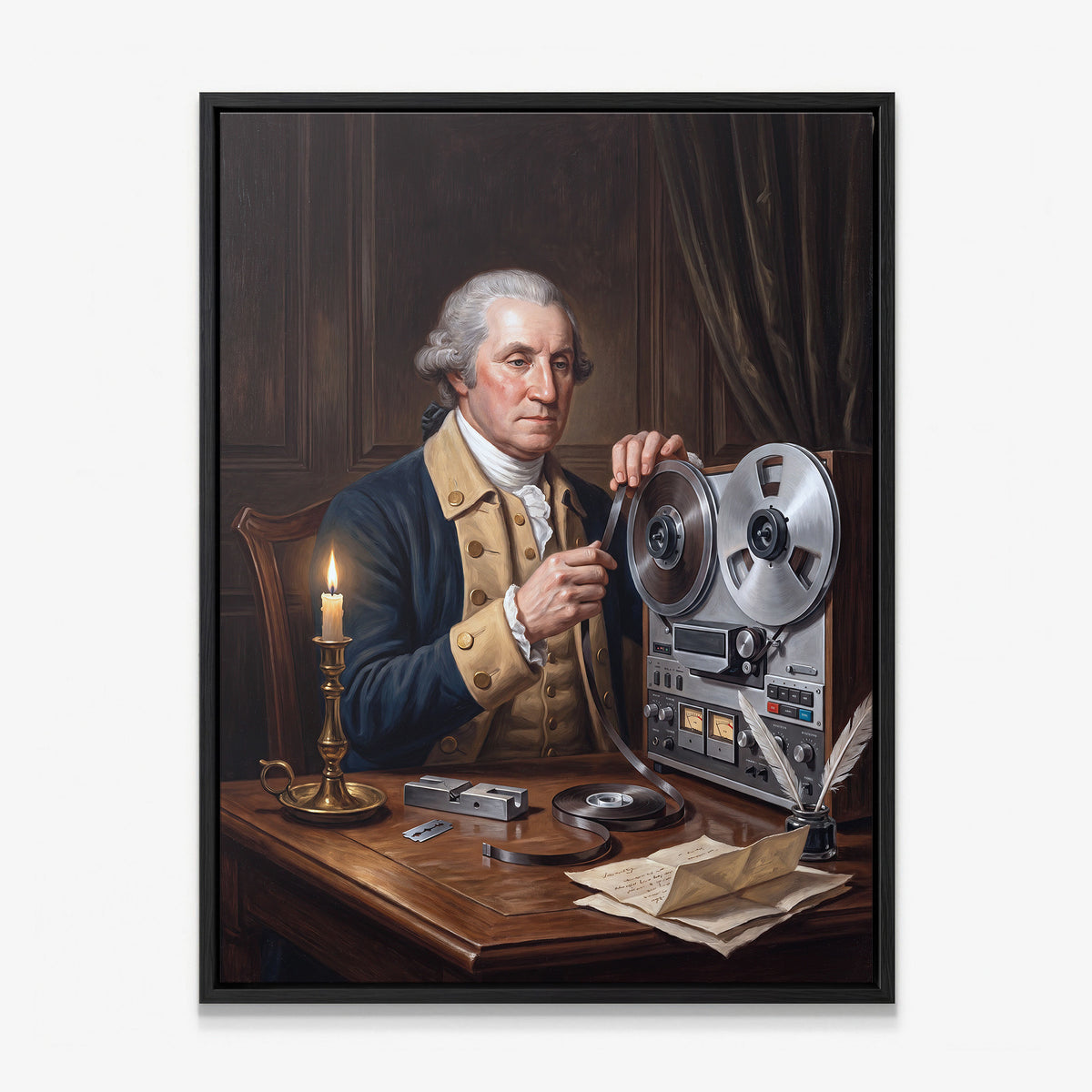 Washington On Tape canvas in a black floating frame