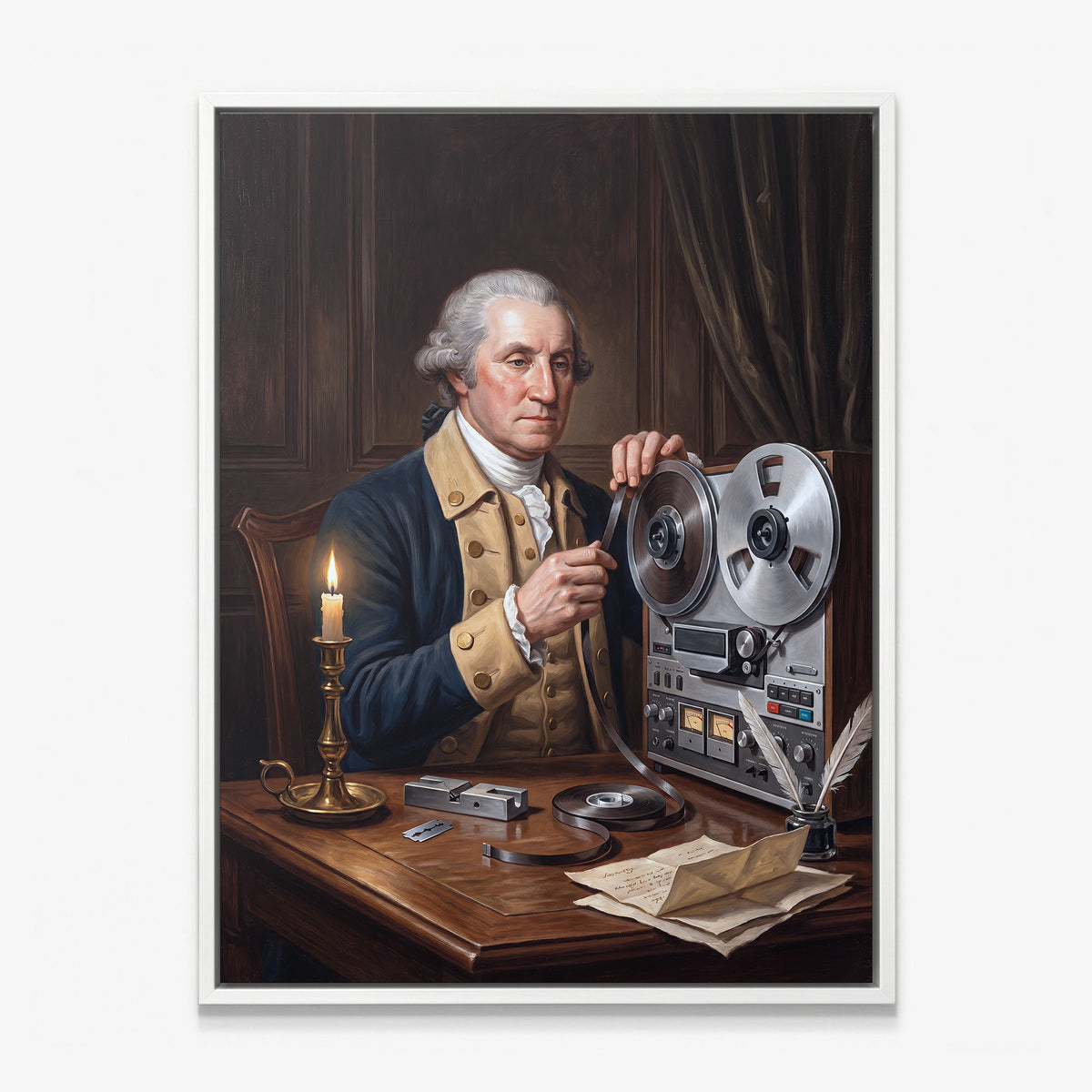 Washington On Tape canvas in a white floating frame