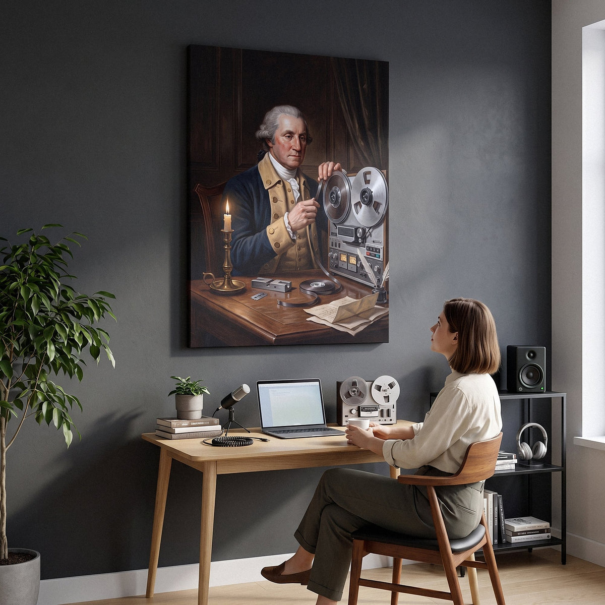 Washington On Tape canvas above a desk in a home office