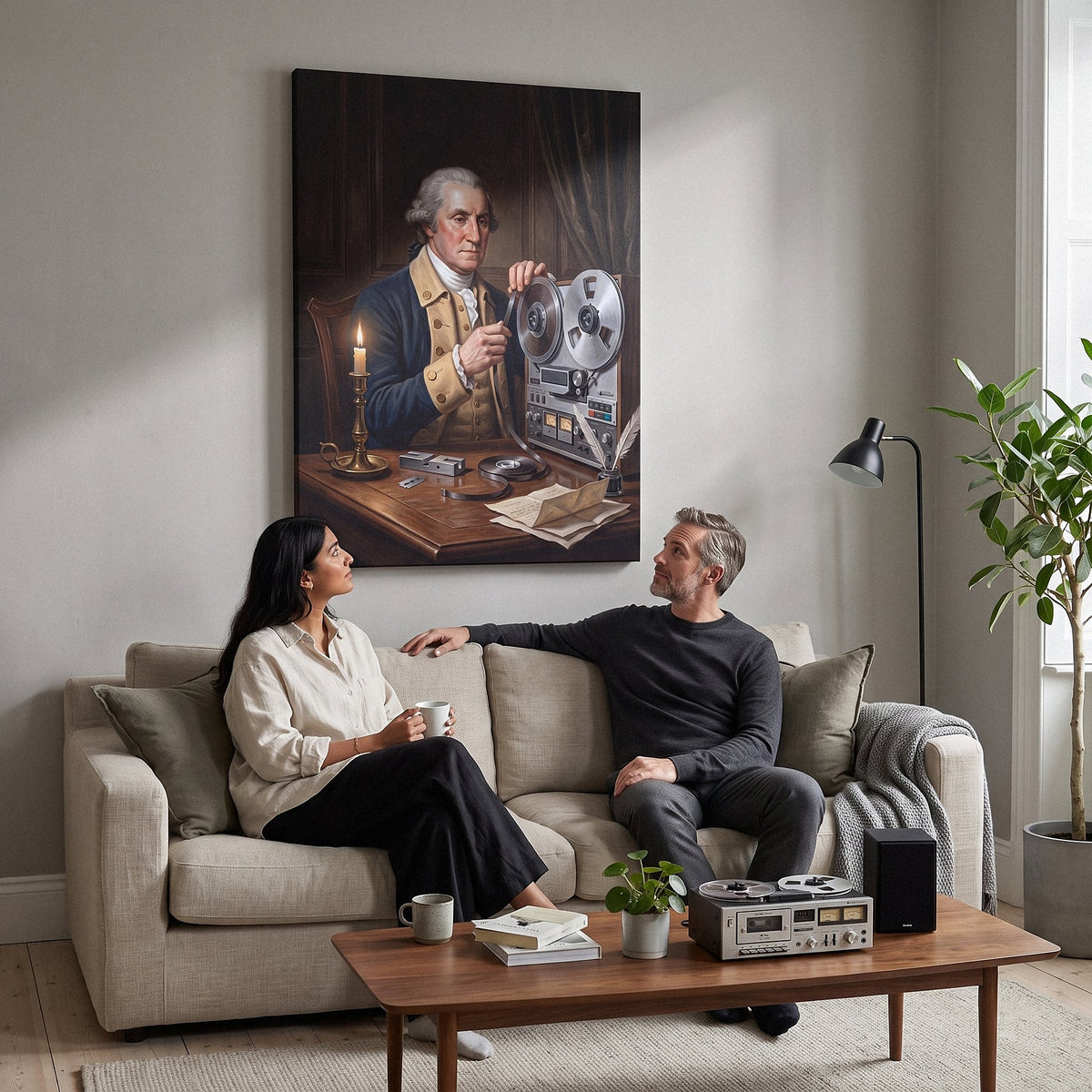 Washington On Tape canvas above a sofa in a living room