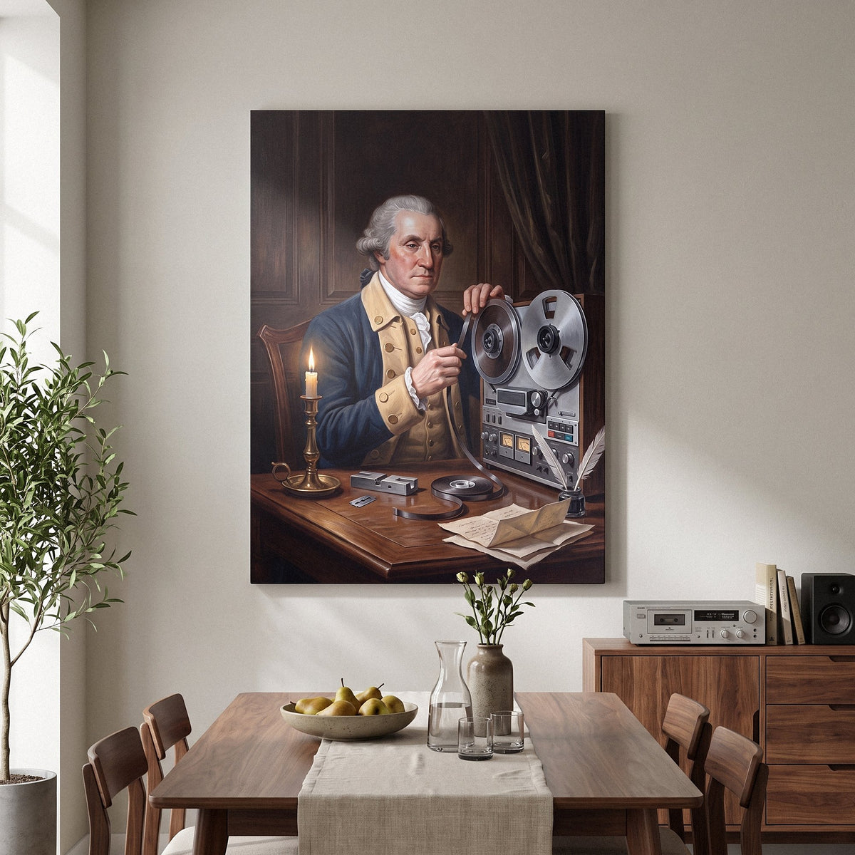 Washington On Tape canvas on a dining room wall above a walnut table