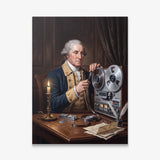 Washington On Tape canvas wall art, an oil painting of George Washington threading tape into a reel to reel machine by candlelight