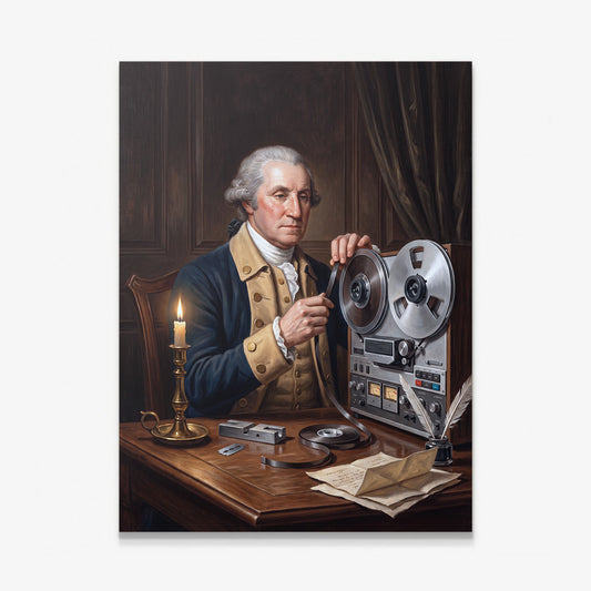 Washington On Tape canvas wall art, an oil painting of George Washington threading tape into a reel to reel machine by candlelight