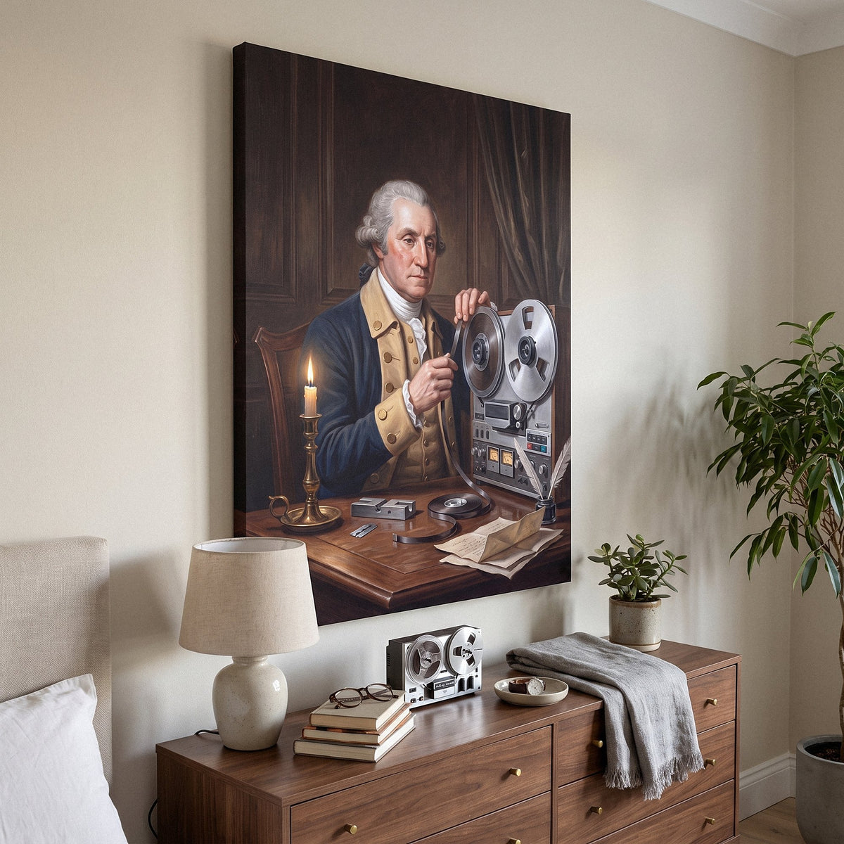 Washington On Tape portrait canvas above a chest of drawers in a bedroom
