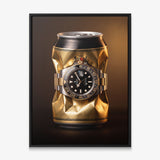 Weight In Gold crushed polished gold can with a two tone gold and steel watch canvas wall art in a black floating frame