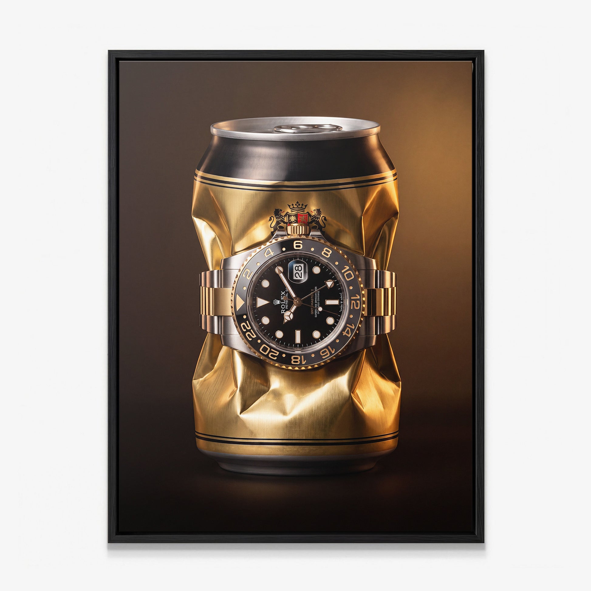 Weight In Gold crushed polished gold can with a two tone gold and steel watch canvas wall art in a black floating frame